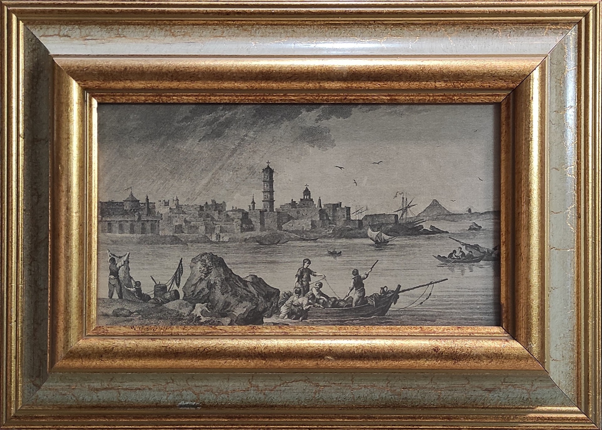 Γκραβούρα " Άγιος Νικόλαος, Τήνος 1782" με Κορνίζα Ξύλινη Χειροποίητη Φύλλα Χρυσού Αντικέ Πλάτος 42cm*Ύψος 30 cm Α113